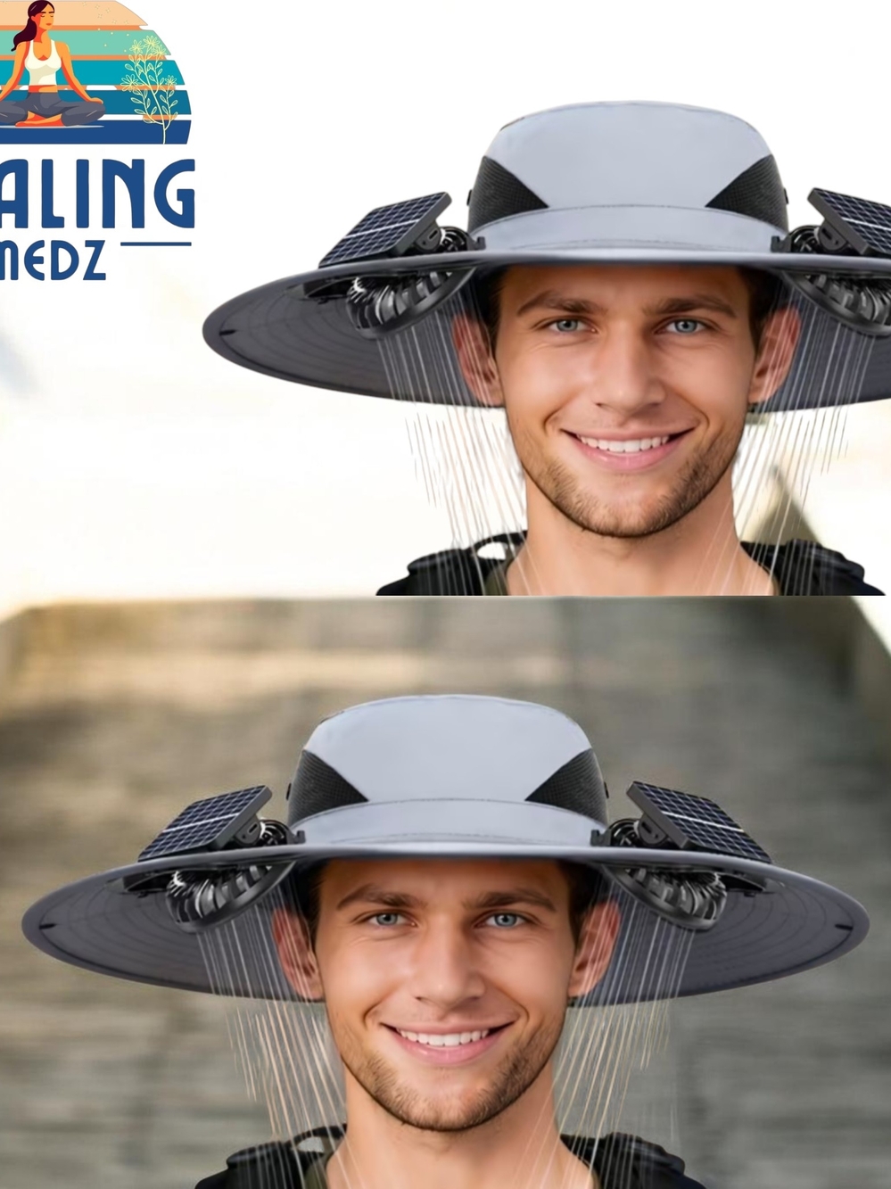 Solar Light Gray Dual Fan Sun Hat, USB Charging, Adjustable Strap